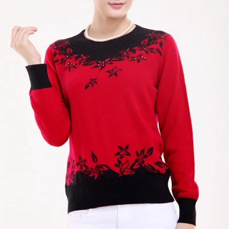 New winter Ms. intarsia Cashmere Sweater round neck Sweaters knit middle-aged Slim Warm Fashion wild Cashmere pullover Female