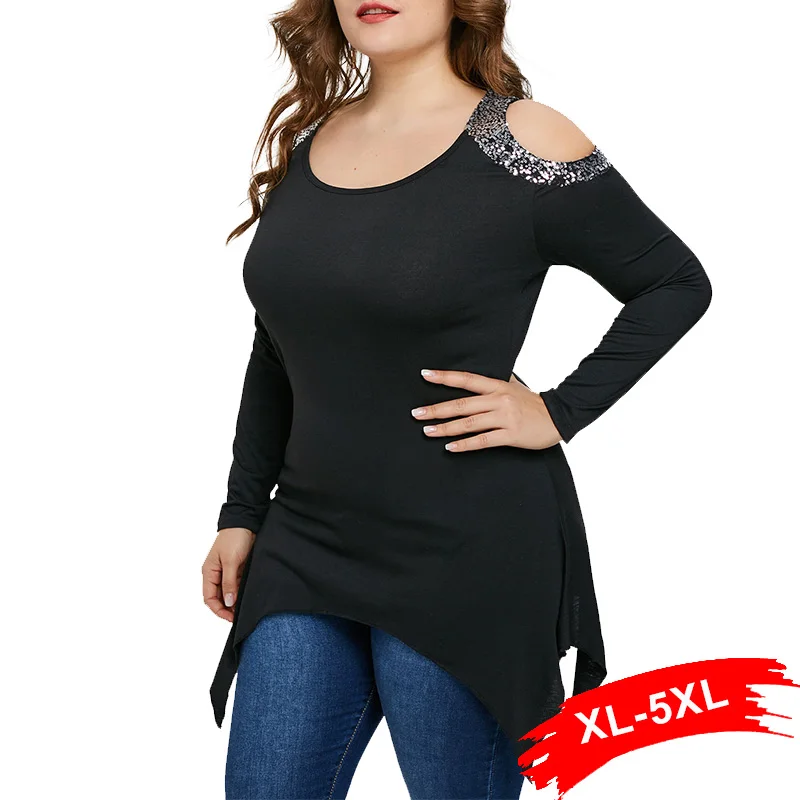 Plus Size 4Xl 5Xl Sexy Sequin Cold Shoulder Tunic Blouse Long Sleeve