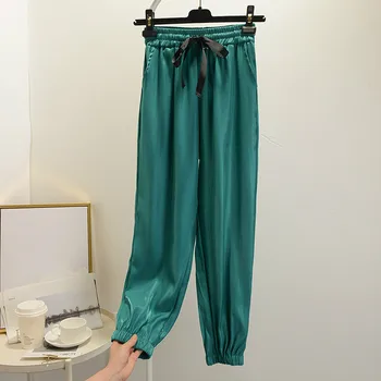 

Girls Summer Shiny Pants Casual Wear Loose Jogger Pants Female Bloomers Harem Pants Ladies Sweatpants Elastic Waist Trousers