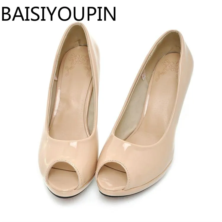 

Women Simple High Heels Shoes Sexy Patent Leather Fish Mouth Paltform Pumps Nude Red Bottom Small 32 Big Size 42 43 Ladies Shoes