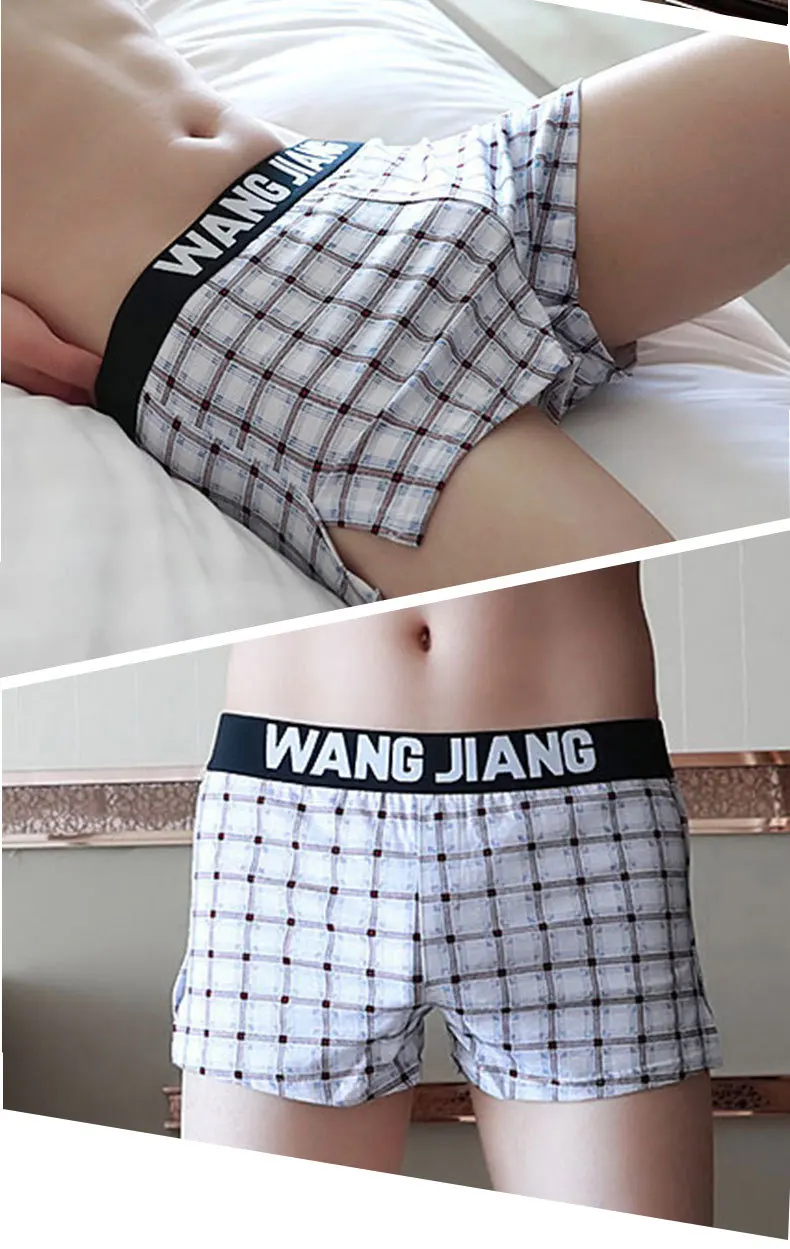 Wang Jiang Mens Sexy Pajamas Plaid Men Boxer Shorts Cotton Underwear Male Sleepwear Woven Free Panties Family Penis Bag Loose