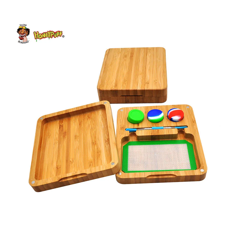 

HONEYPUF Bamboo Rosin Storage Set -3 Oil Wax Jar +1 Stainless Steel Spoon +1 Silicone Baking Mat +1 Bamboo Magnet Rolling Tray