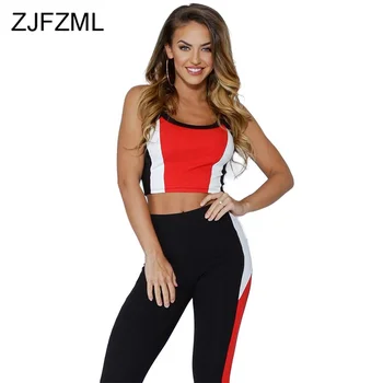 

Panelled Patchwork Sexy 2 Piece Women's Sports Suit Sleeveless Crop Cami Top + Bodycon Pencil Pants Plus Size Tracksuit Women