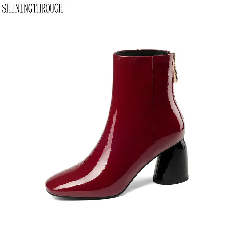 

New genuine Leather Ankle Boots Women High Heels Zipper Short Ladies Shoes Woman Square Toe Party Wedding women Pumps