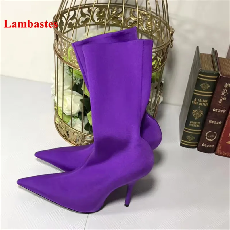 

2018 Spring Pointed Toe Women Boots Retro Flower Print Designer Stretch Women Boots Thin Heel Slip On Casual Shoes Women Botas