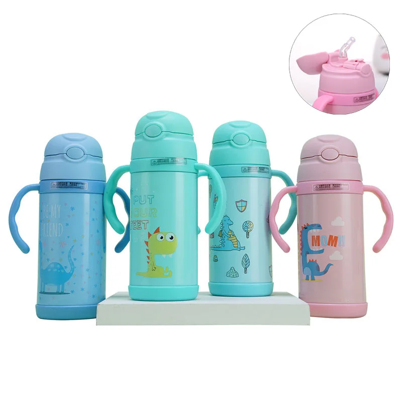 

2019 New 380ml Stainless steel Portable Handgrip straw vacuum flasks baby Cartoon Dinosaur thermals water bottle travel tea mug