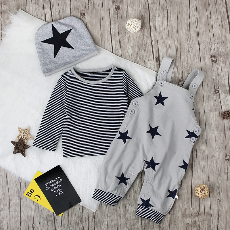 Коллекция года, зимняя одежда для малышей комплект из 3 предметов, футболка в полоску с длинными рукавами для новорожденного Прекрасный Топ со звездами, костюмы, костюмы с шапочкой