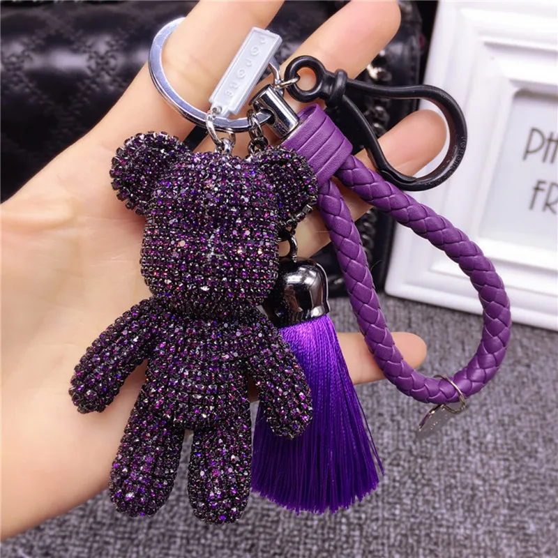

Luxury Handmade Rhinestones Crystal Bear Keychain Leather Tassel Car Keychain Keyring Bear Key Chain Handbag Accessories Gifts