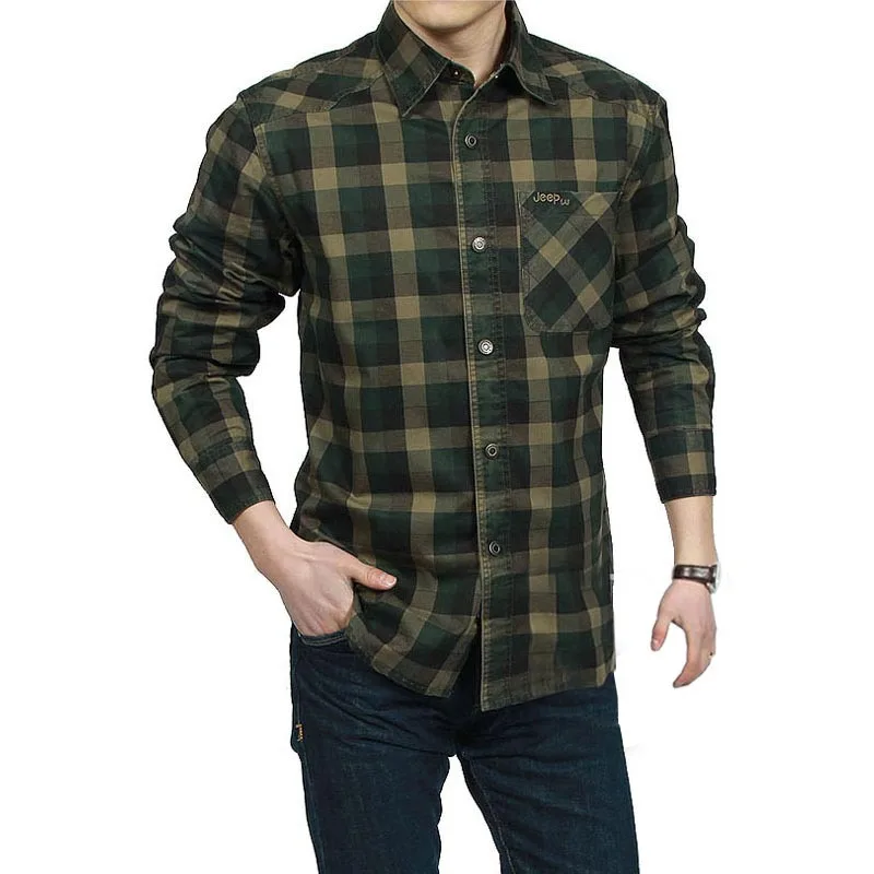 Армейский зеленый, хаки, хлопок, клетчатая рубашка, мужской строгий деловой плотный пиджак с отворотом, рабочий тонкий длинный рукав, мужские рубашки MT18 - Цвет: Армейский зеленый
