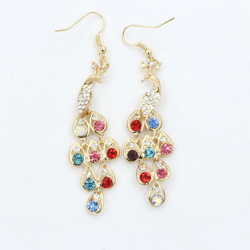 Vintage Look Tibet Alloy Antique Bronze Plated Fantastic Crystal Peacock Pendant Dangle Earrings Long Drop Earring | Украшения и