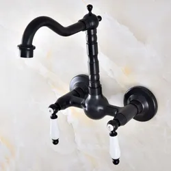 Black Oil Rubbed Bronze Wall Mounted Bathroom Kitchen Sink Faucet Swivel Spout Mixer Tap Dual Ceramics Handles Levers anf869