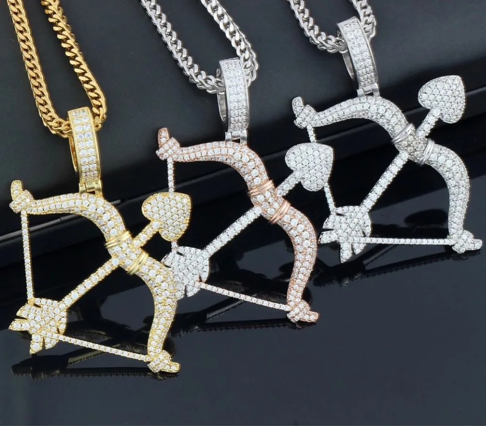 

New Designed Iced Out Bow & Arrow Pendant Solid Back Necklace Hip Hop Gold Silver Color Mens/Women Charm Chain Jewelry