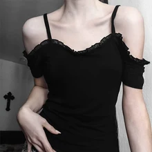 Женская черная футболка, Топики, готический бандаж, простая, на шнуровке, с оборками, сетчатая, черная, открытая, женская, с открытыми плечами, Женский Повседневный Топ