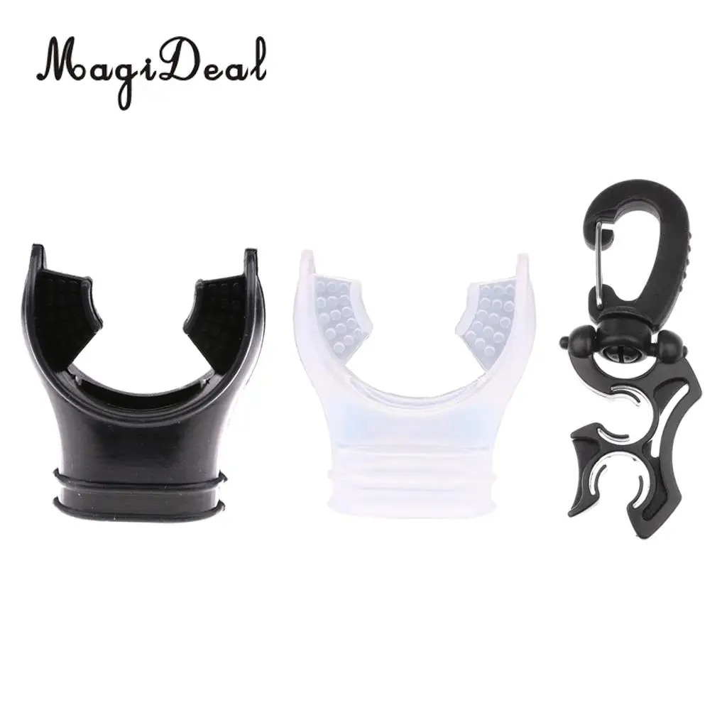 MagiDeal 2Pcs Durable Soft Silicone Dive Mouthpiece Regulator & Tie Wrap + Double Hose Holder Clip for Scuba Diving Snorkeling