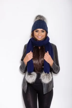 Для женщин взрослых зима Pom Шапки шапочка теплая вязаная с помпоном меховой помпон шапки и шарфа комплект Для женщин натуральный мех енота помпоном Hat