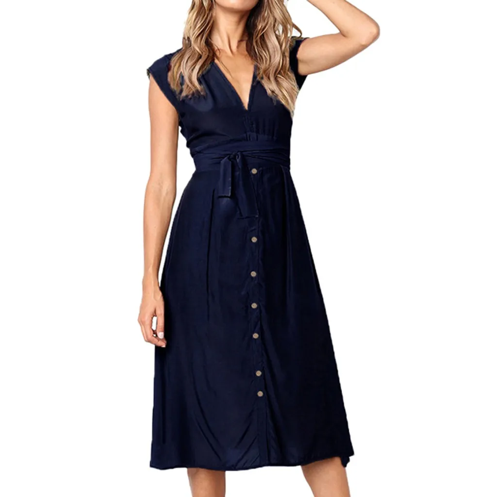 Women dress Sexy Solid Button Backless Party Belt Dress Women Casual Sleeveless Higth Waist V-Neck Lace-Up Sheath Dress G0411#20 Women dress Sexy Solid Button Backless Party Belt Dress Women Casual Sleeveless Higth Waist V-Neck Lace-Up Sheath Dress G0411#20