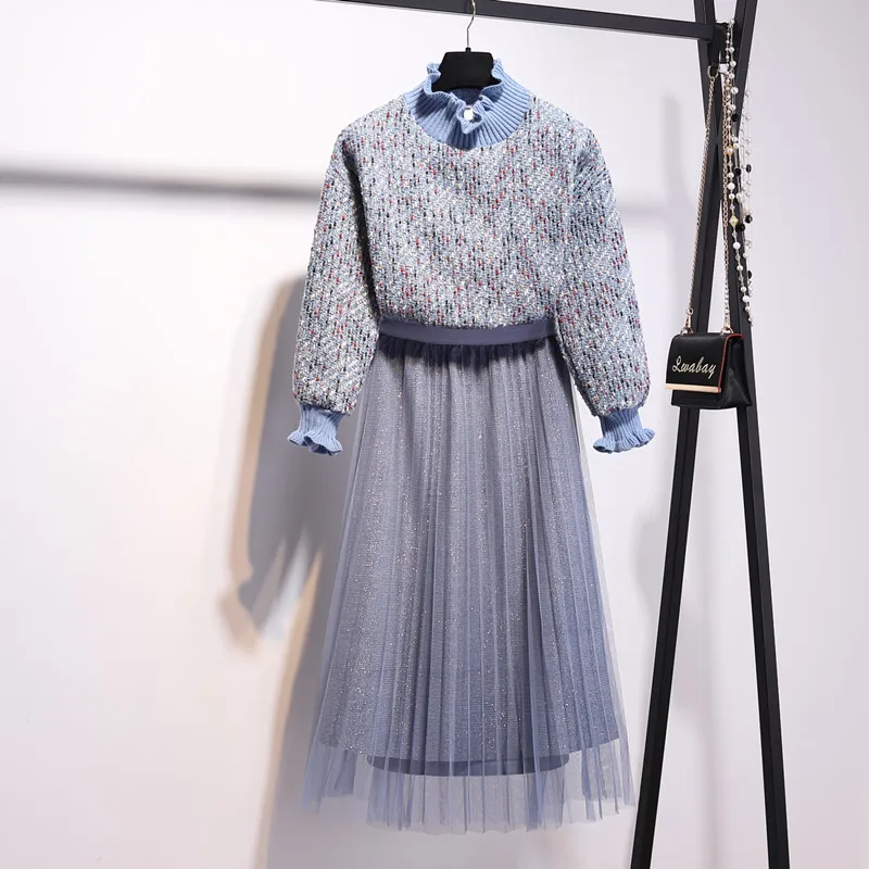 Новинка весны, женский шерстяной пуловер в стиле пэчворк, твидовый Топ с длинным рукавом+ высокая талия, шикарная плиссированная длинная юбка в сеточку, комплект из 2 предметов