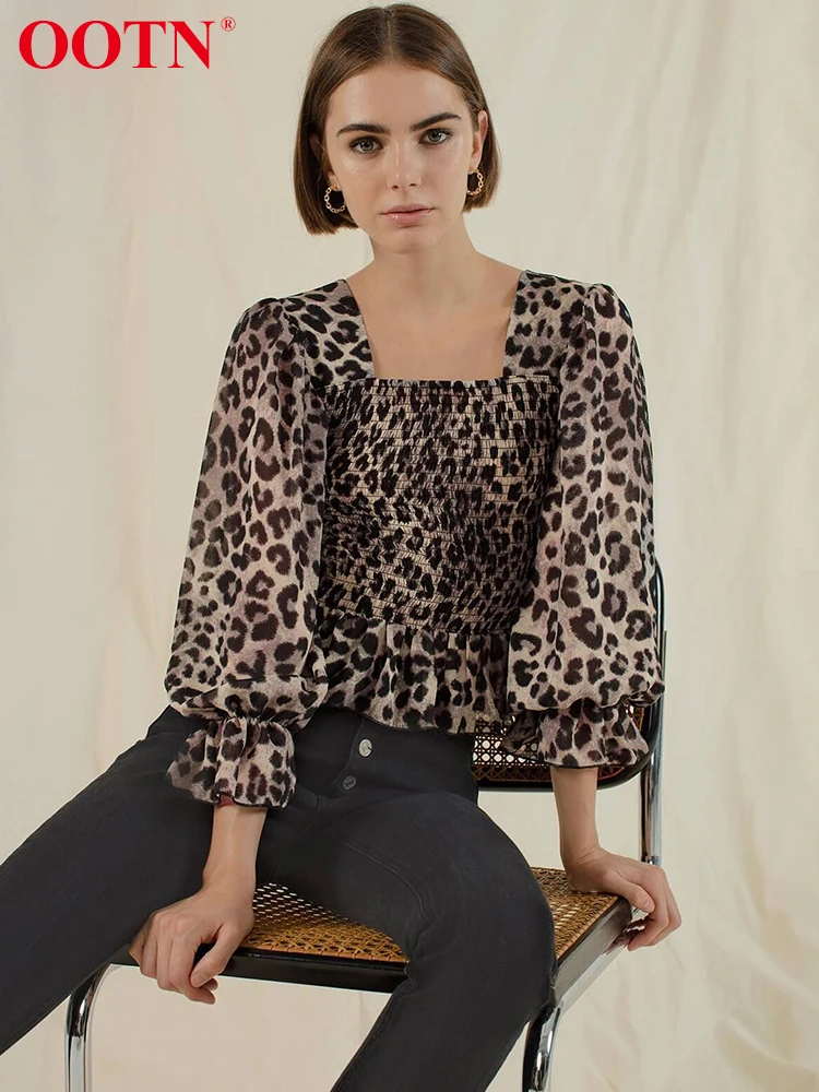 

OOTN Ruffle Elastic Leopard Blouse Women Shirts Lantern Long Sleeve Square Collar Tunic Animal Print Top Peplum 2019 Vintage