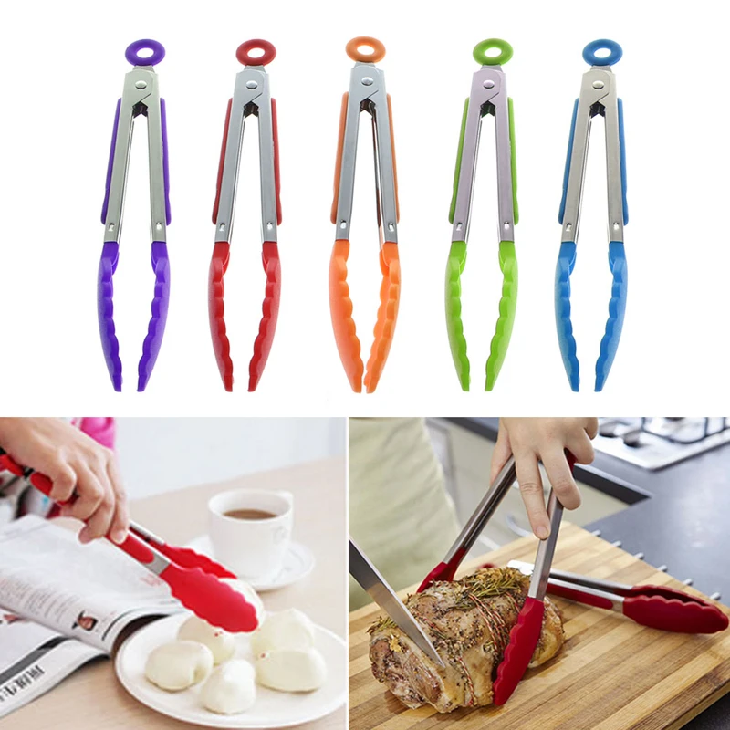 1PC Silicone Cooking Food Serving BBQ Tongs Stainless Steel Handle Utensil