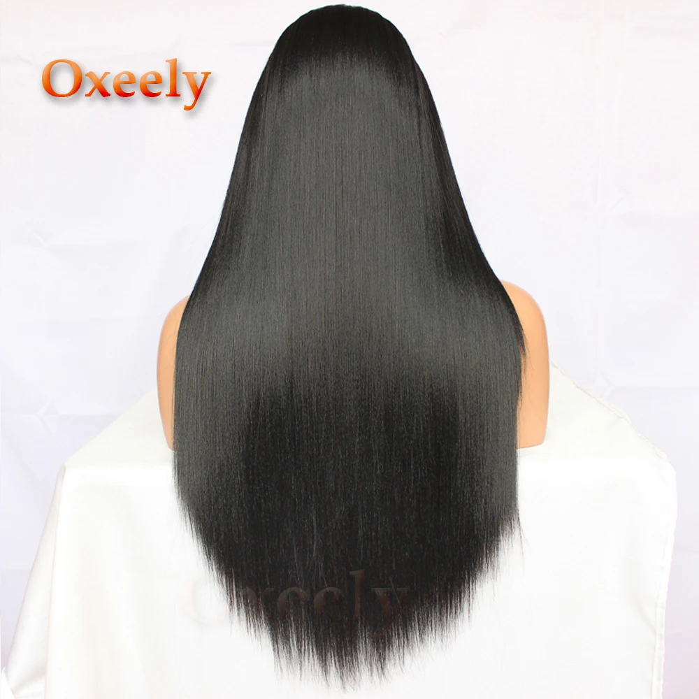 Oxeely Длинные прямые парики на кружеве жаропрочные волокна волос Glueless черные прямые синтетические парики на кружеве для черных женщин