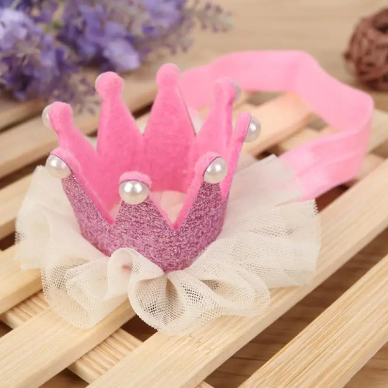 Повязка для волос с короной для маленьких девочек, эластичная тиара принцессы, Кружевная повязка с искусственным жемчугом, головные уборы, аксессуары для волос - Окраска металла: Pink
