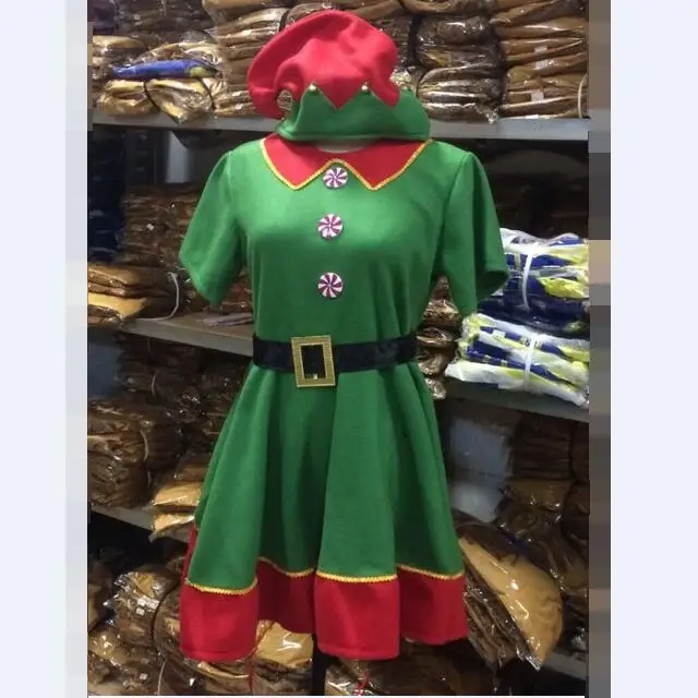 

Kids Girls Christmas Green Dress with Red Santa Hat Belt Tights Set for Xmas Cosplay Party Costume Dress Up