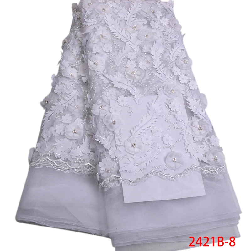 

New 3D Flowers Lace Fabric with Beads High Quality African Tulle Mesh Lace White Bridal Materials for Wedding Dress APW2421B-1