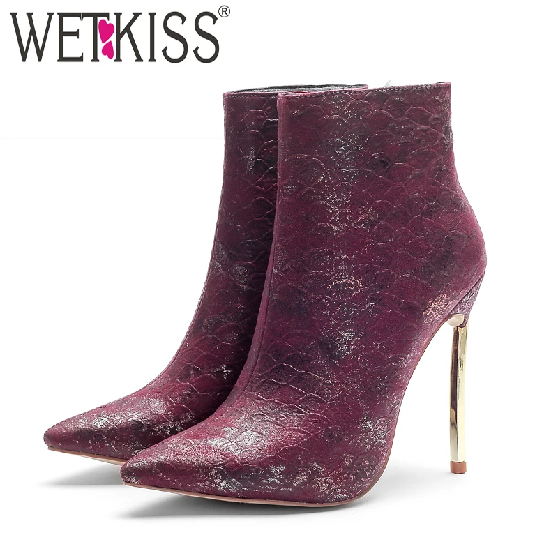 

WETKISS 2018 New High Heels Women Boots Printing Pointed Toe Bootie Winter Female Party Shoes Short Plush High Neck Footwear