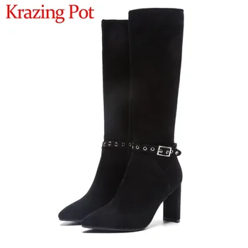 

2018 high street fashion black color plus size cow suede sexy woman super high heels zip buckle belt runway knee-high boots L72