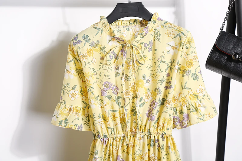 2018送料無料新ファッション花柄シフォンサマードレス甘い薄いスリム女性のワークウェアプリントドレスカジュアルかわいいホット