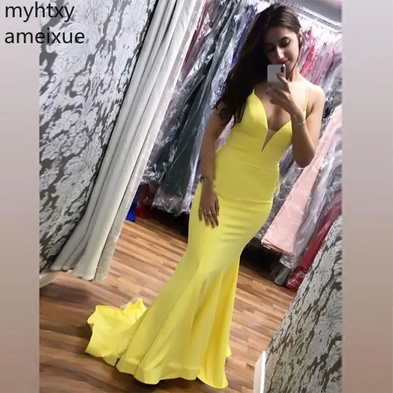 

Sexy Custom V-neck Long Prom Dresses Mermaid Style Yellow Satin 2019 New Simple Plus Size Women Formal Party Gowns Sweep Train