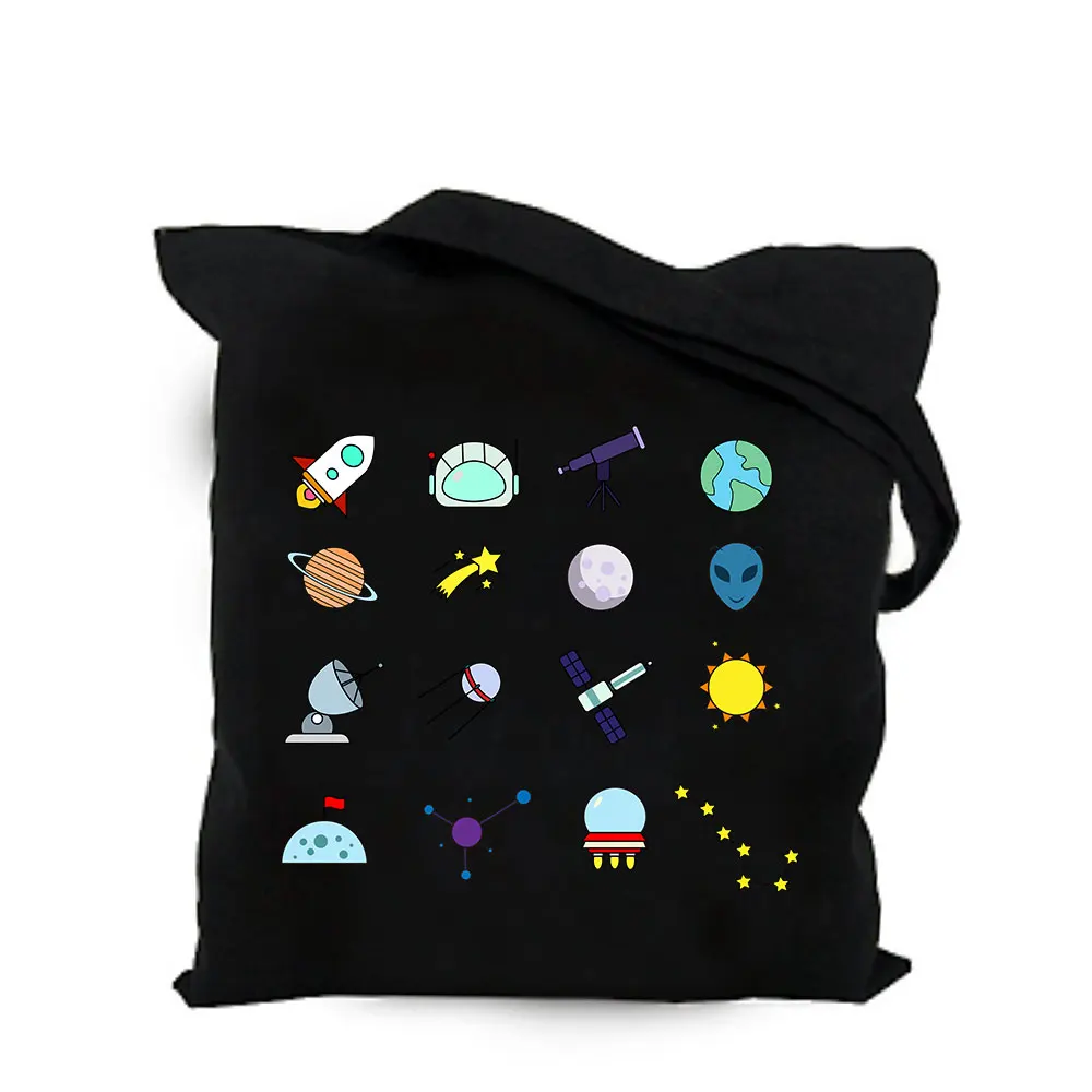 2019 cute space alien black cotton canvas bag customized kawaii girl tote bag custom shopping bags with logo for men or women  (7)