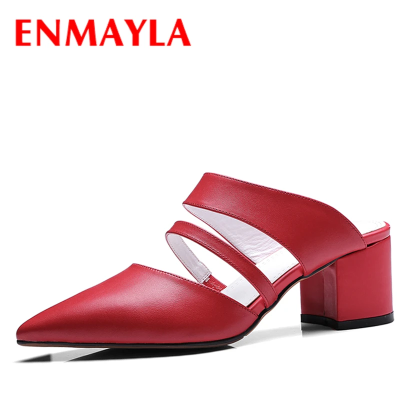 

ENMAYLA Womens Chunky Heels Pointed Toe Pumps Low Heels Mules Shoes Woman Black Red Slippers Women Shoes