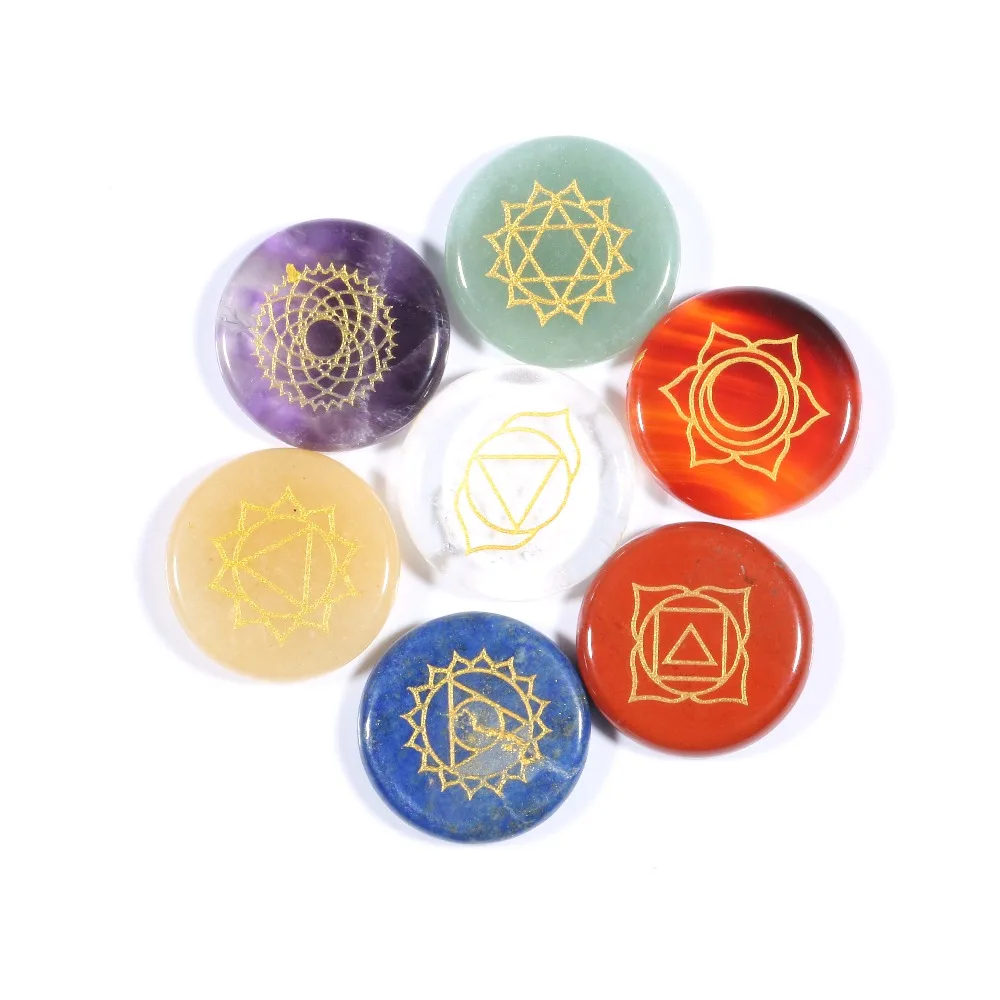 

7 PCS Chakra Stones with lapis lazuli 2.5MM Engraved Symbols Polished Palm Stone Reiki Crystal Healing Natural Stone Divination