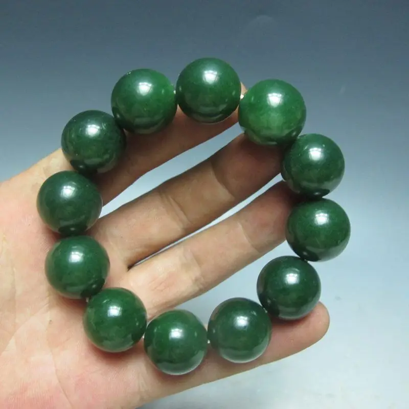 100/% Natural Green Hetian Jade Hand-carved Beads Bracelet