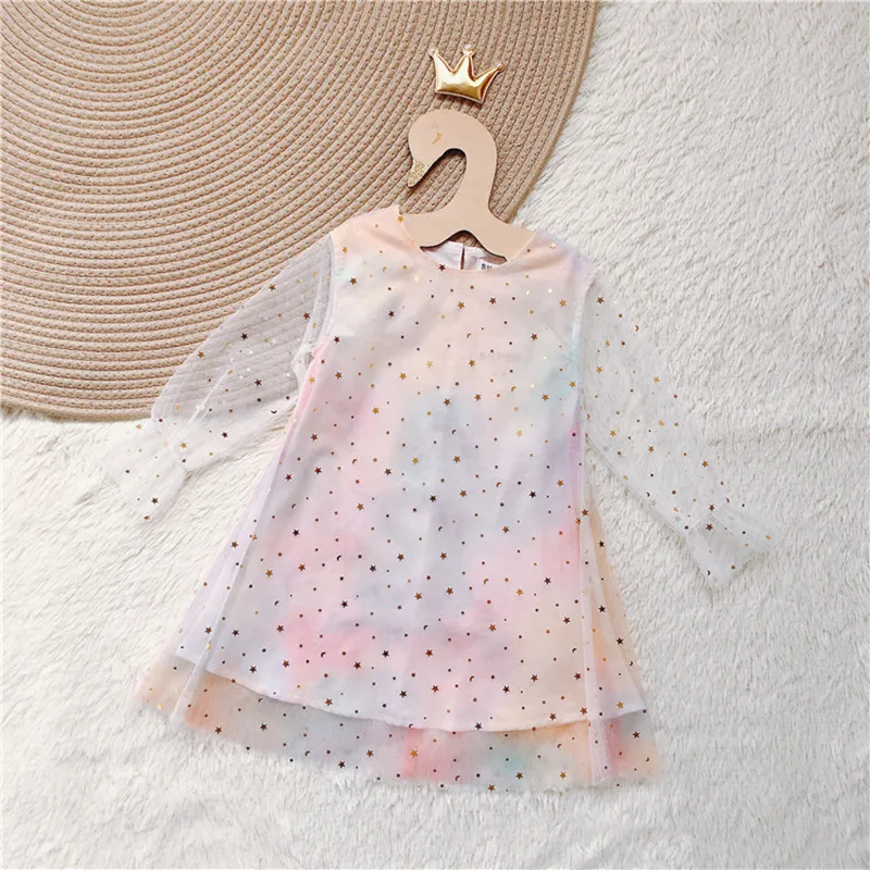 

2019 Spring and Summer Design Color Gradient Baby Girls Princess Party Dress Glitter Stars Voile Kids Dresses Girls Costumes