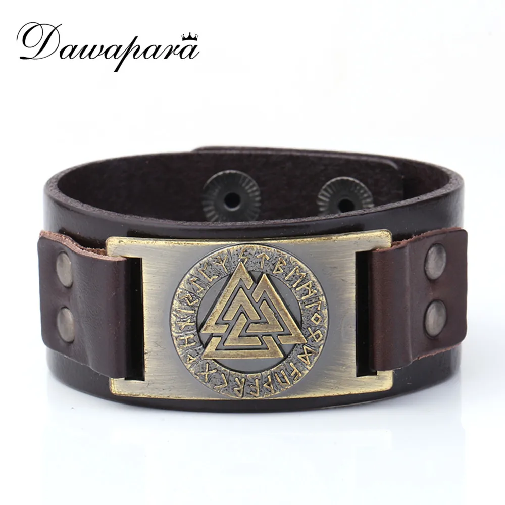 

Dawapara Valknut Odin's Symbol Metal Sheet Leather Bracelet Slavic Amulet Cuff Bangles Wristband Gifts for Men's Jewelry