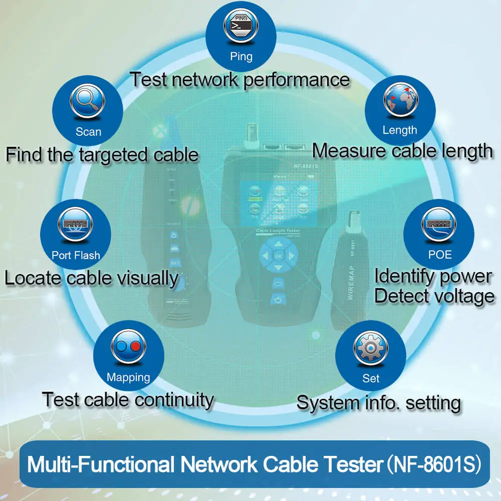 TDR сети ЖК-дисплей кабельный тестер, Noyafa NF-8601S многофункциональный трекер для RJ45, RJ11, BNC, металлический кабельный, пинг/POE, w/Порты и разъёмы мигает