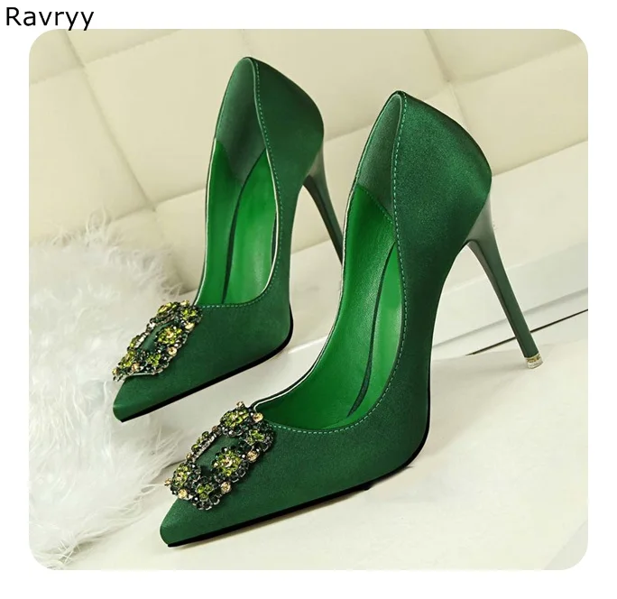 

Green Woman high heels bling bling crystal sexy pumps pointed toe female single shoe thin heel slip-on wedding party dress shoes