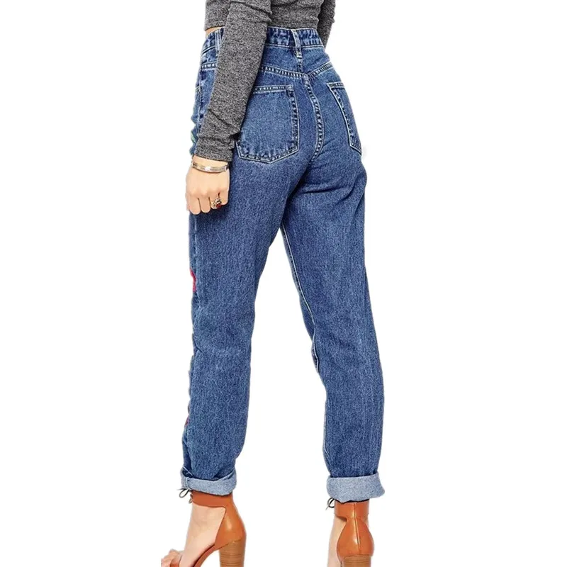 Женские джинсы, длинные штаны, джинсы с высокой талией и вышивкой