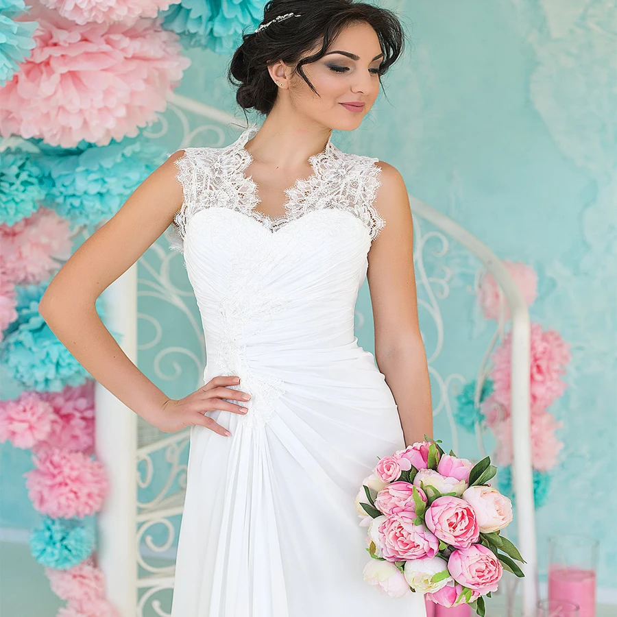 ADLN кружевное пляжное свадебное платье белое, с коротким рукавом/свадебное платье цвета слоновой кости шифон развертки Свадебные платья vestido de noiva
