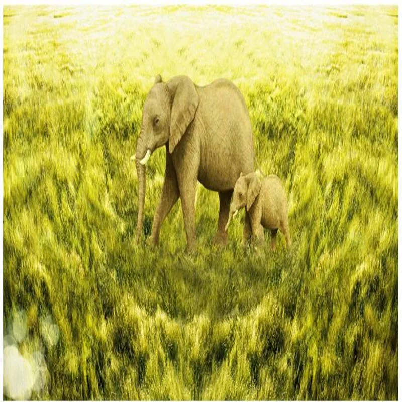 

wellyu Custom large frescoes beautiful fresh grassland elephant mother and son deep frescoes wall wallpaper papel de parede