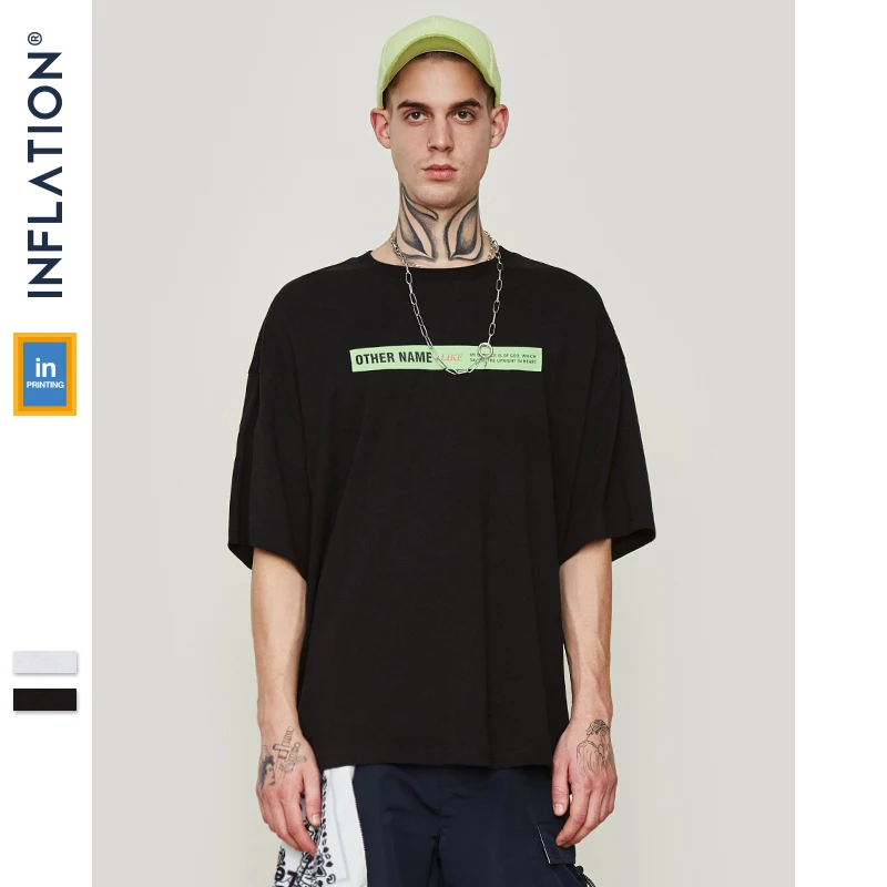 INFLATION Men Clothing Oversize Short Sleeve Tshirt Letter Printed Tee Fashion Streetwear Hip Hop Casual Cotton Tops Tees 91101S
