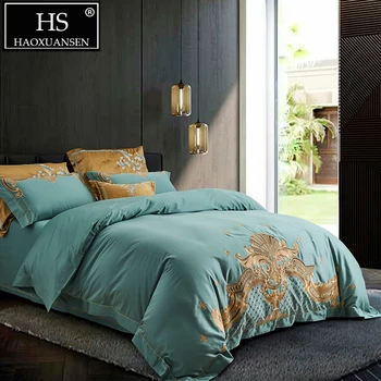 1000 Thread Count Green Egyptian Cotton Wedding 4pcs Bedding Set Euro Baroque Gold Embroidery Bed Linens Queen King Size Bed Set