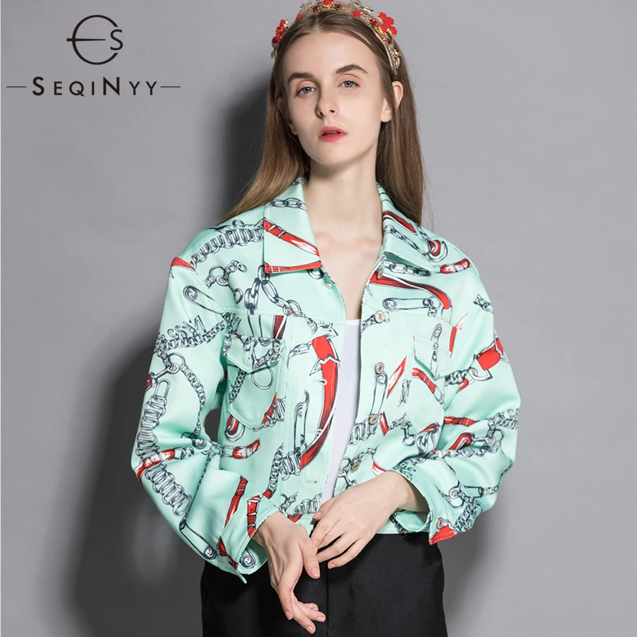 

SEQINYY Printed Jacket Vintage Chain 2018 Early Autumn Women's New Long Sleeved Light Green Short Denim Jacket Fashion