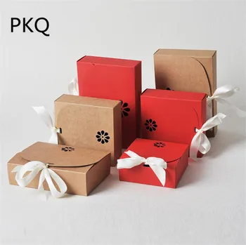 

10pcs 21.5*14.5*5cm Kraft/Red paper gift box with ribbon,Hollow out packing carton box, package box for cake/cookie,papre caixa