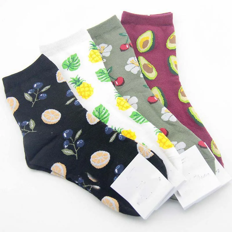Новые женские носки, корейские свежие носки с фруктами, лимон, авокадо, ананас черешня, черника, апельсин, фундук, банан, стильные носки, S-8