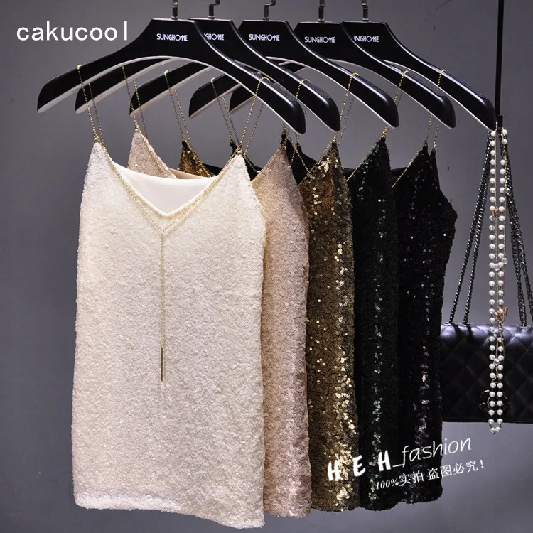 Блестящая майка с блестками Cakucool золотая цепочка V образным вырезом украшение