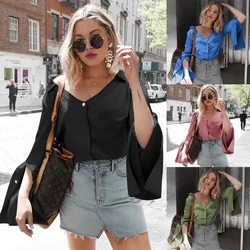 Blusa Mujer Verano con Cuello en V Manga Acampanada Suelta Top Túnicas Casual Camisa Sólida Blusas de Gran Tamaño Tops Mujer 2019 Blusa Mujer Verano con Cuello en V Manga Acampanada Suelta Top Túnicas Casual Camisa Sólida Blusas de Gran Tamaño Tops Mujer 2019