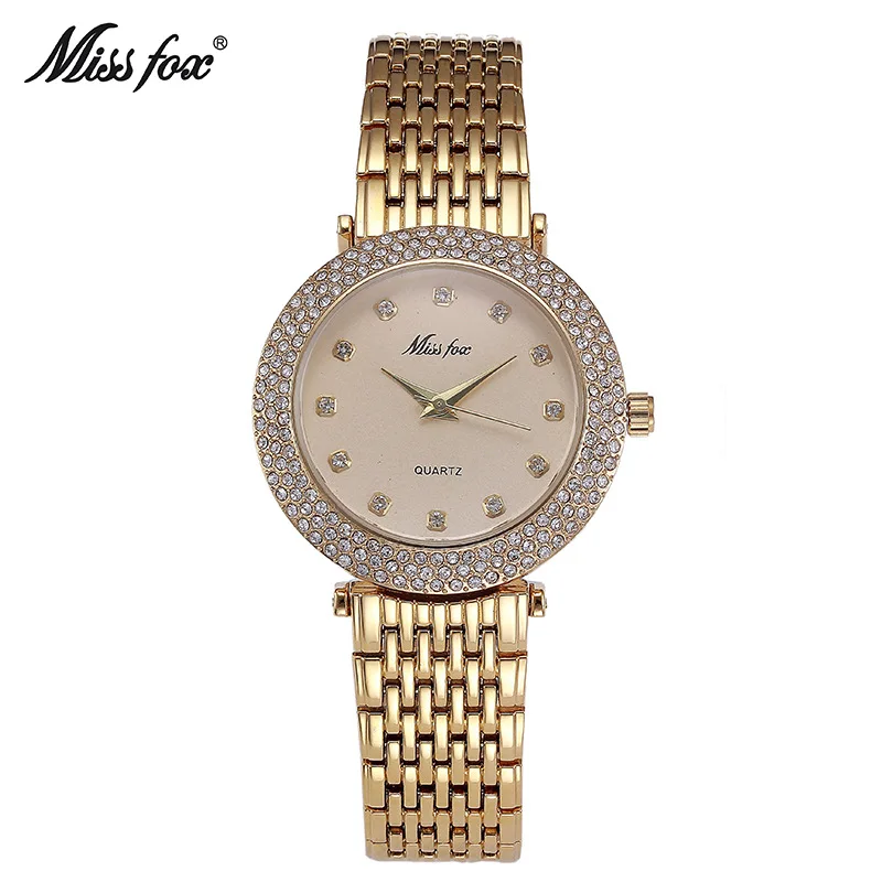 

Miss Fox Noble Ladies Style Big Diamond Jewelry Alloy Buckle Waterproof Solid Gold Alloy Circular Pointer Quartz Watch